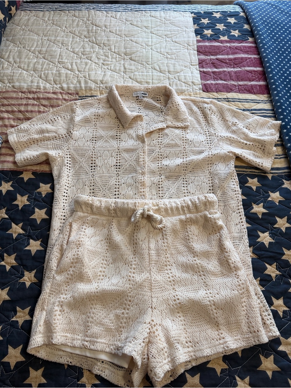 Fashion Nova Beige Crochet Short Set